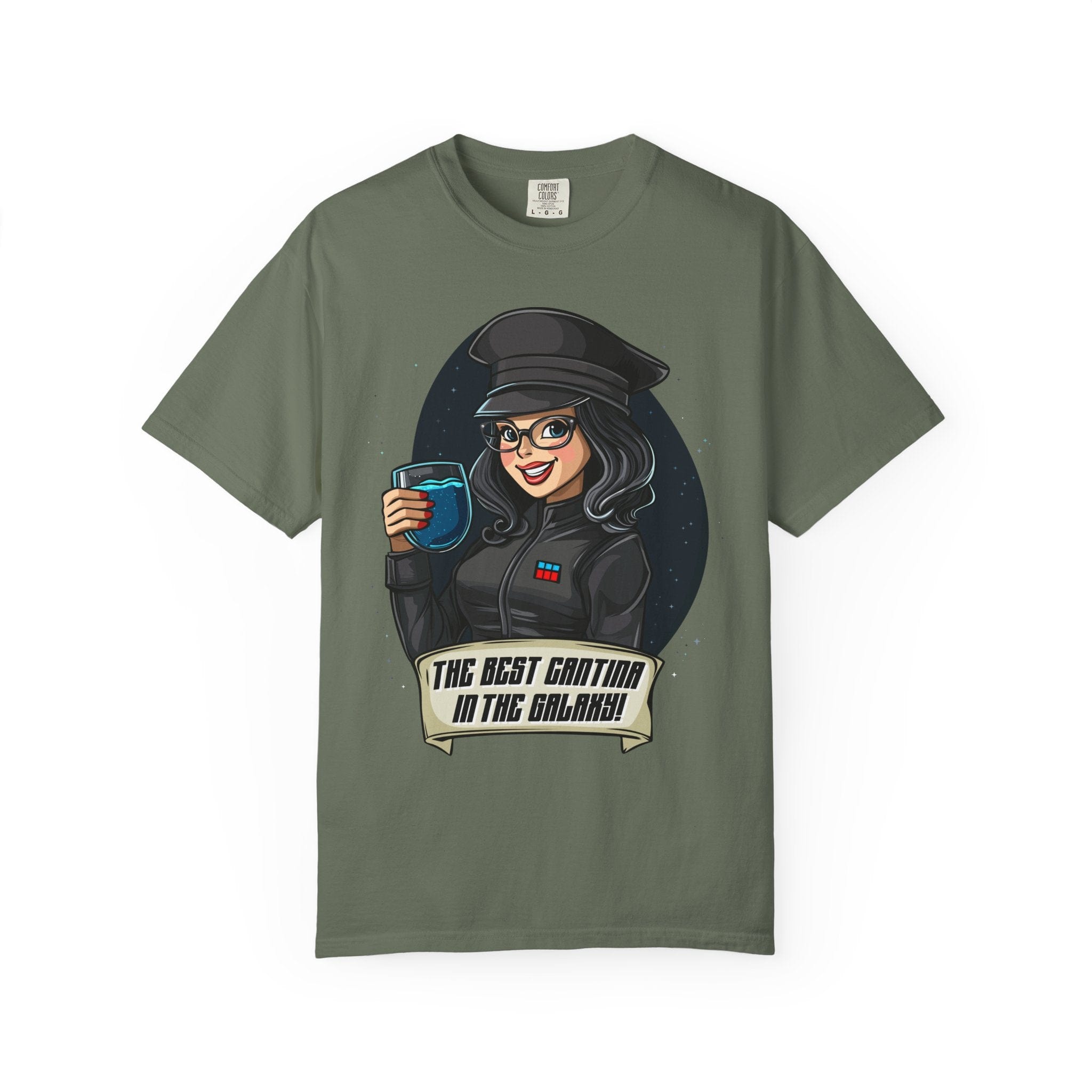 Green WDW bar-inspired Cantina’s Finest Officer t-shirt with blue wine design
