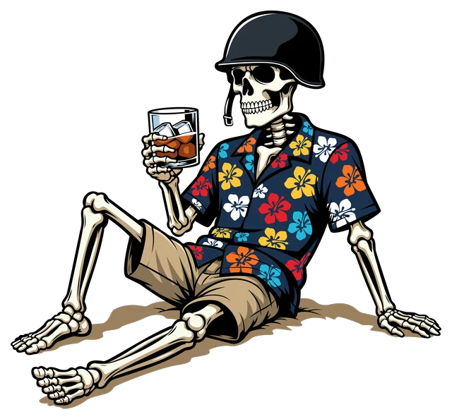 The Booze Buddies skeleton in a helmet and Hawaiian shirt, sitting back with a drink